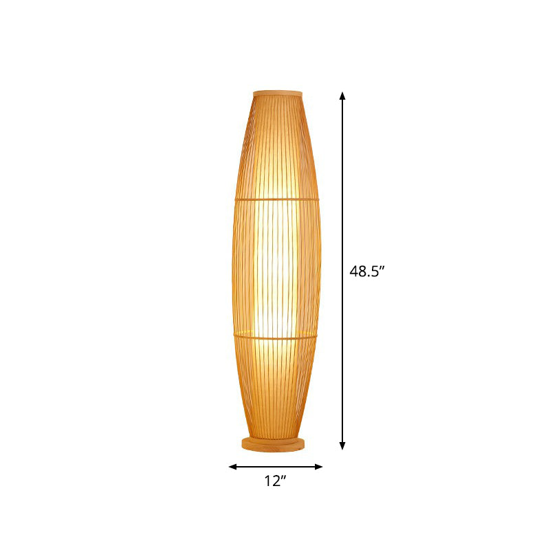 1-Head Living Room Floor Light Modern Wood Standing Lamp with Oval Bamboo Cage Shade Wood 48