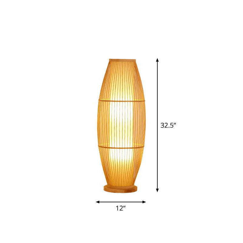 1-Head Living Room Floor Light Modern Wood Standing Lamp with Oval Bamboo Cage Shade Wood 32.5