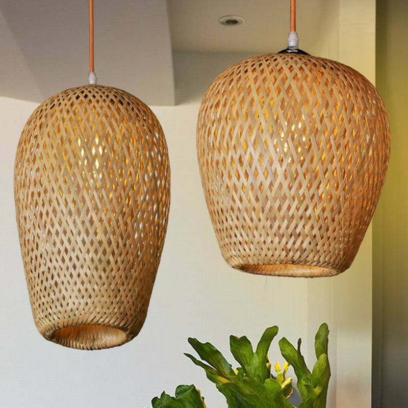 Chinese Hand-Weaving Hanging Light Bamboo 1 Head Living Room Pendulum Light in Beige Clearhalo 'Ceiling Lights' 'Pendant Lights' 'Pendants' Lighting' 2310419