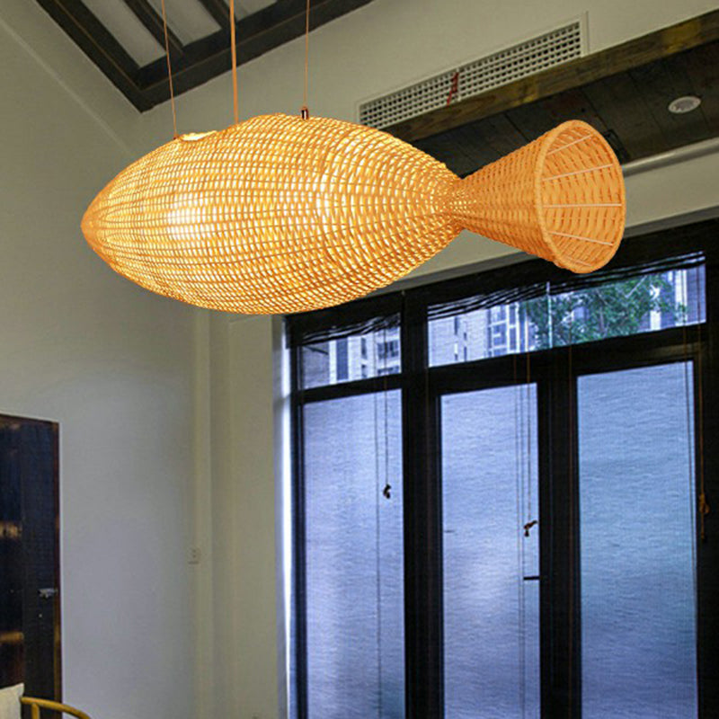 Asia Fish Shaped Hanging Light Bamboo Dining Room Suspension Pendant Light in Beige Clearhalo 'Ceiling Lights' 'Chandeliers' Lighting' options 2310434