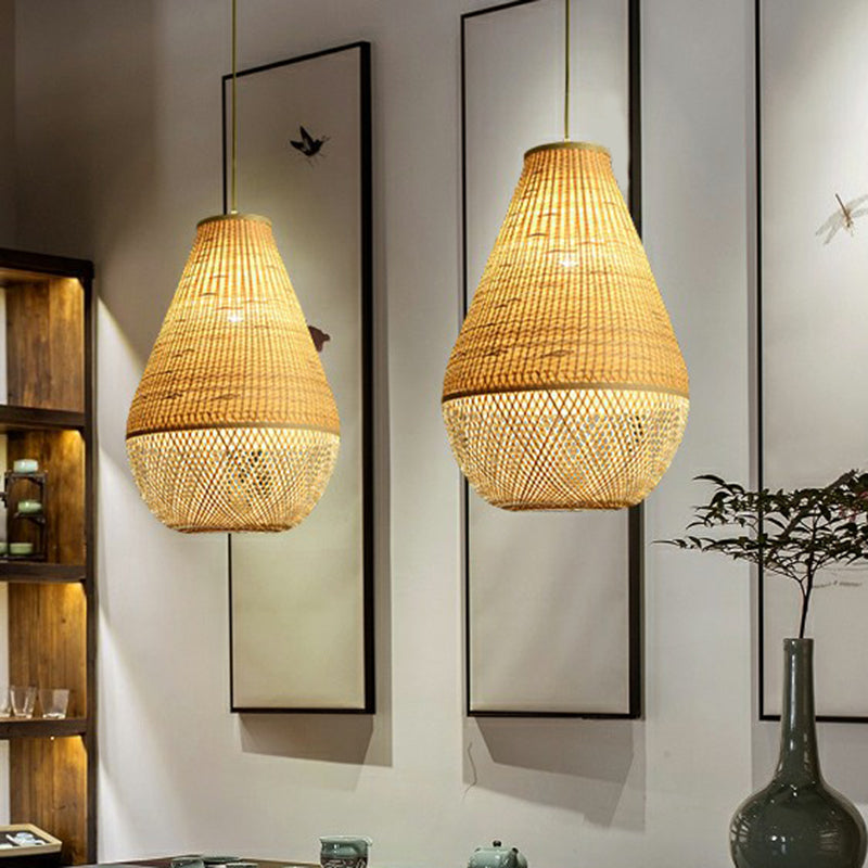 Bamboo Woven Droplet Shaped Pendant Simplicity 1-Bulb Beige Hanging Light over Table Clearhalo 'Ceiling Lights' 'Pendant Lights' 'Pendants' Lighting' 2310437