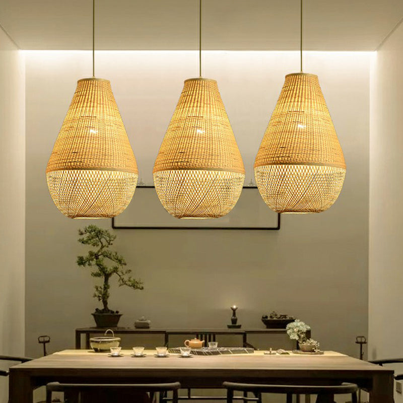 Bamboo Woven Droplet Shaped Pendant Simplicity 1-Bulb Beige Hanging Light over Table Clearhalo 'Ceiling Lights' 'Pendant Lights' 'Pendants' Lighting' 2310440