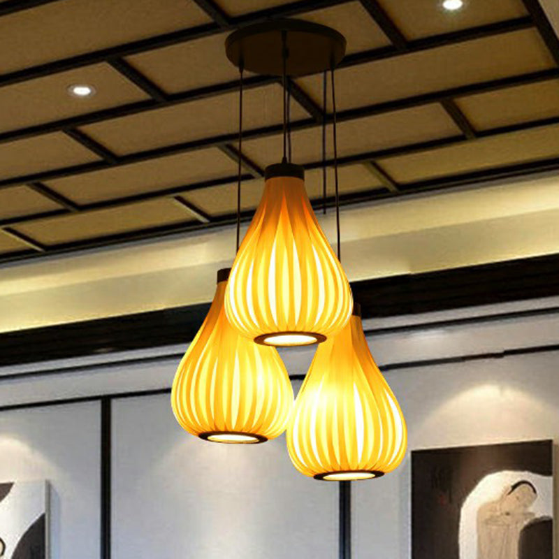 Wooden Teardrop Cluster Pendant Light Asian 3-Head Hanging Ceiling Light for Restaurant Clearhalo 'Ceiling Lights' 'Pendant Lights' 'Pendants' Lighting' 2310446