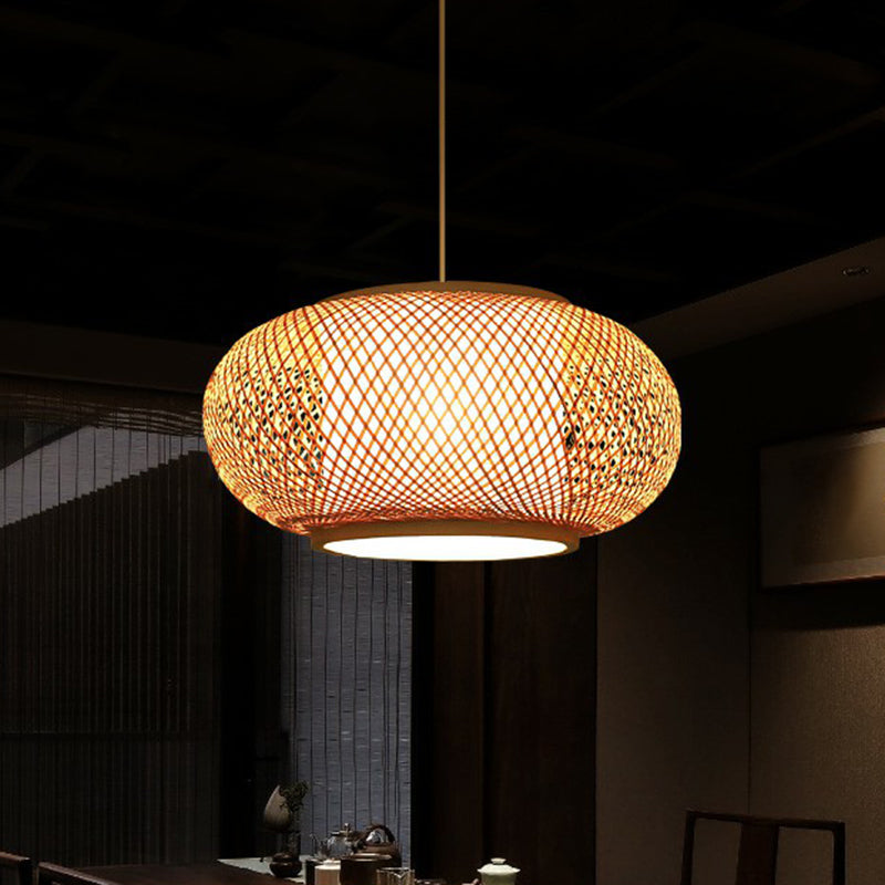 Cage Style Bamboo Pendant Ceiling Light Chinese 1 Bulb Beige Hanging Light for Tearoom Clearhalo 'Ceiling Lights' 'Pendant Lights' 'Pendants' Lighting' 2310475