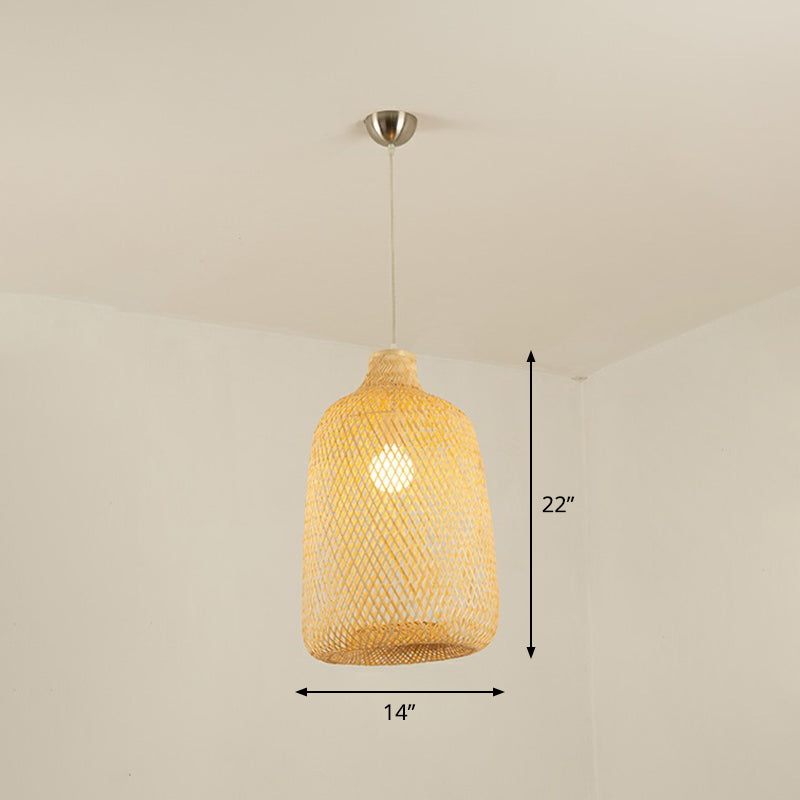 Beige Geometric Hanging Pendant Light Asia 1-Light Bamboo Suspension Lighting Fixture Clearhalo 'Ceiling Lights' 'Pendant Lights' 'Pendants' Lighting' 2310497