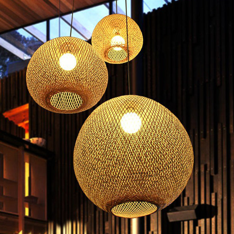 Beige Globe Pendant Light Fixture Chinese 1 Bulb Bamboo Suspension Lighting for Living Room Clearhalo 'Ceiling Lights' 'Pendant Lights' 'Pendants' Lighting' 2310579