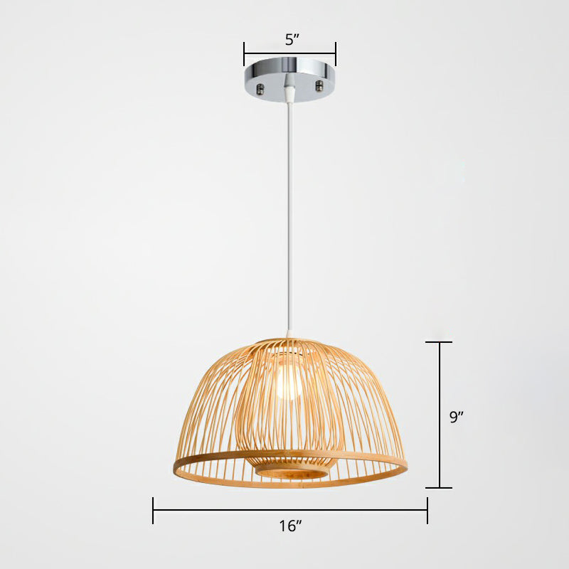 Wood Domed Ceiling Hang Light Modern 1 Head Bamboo Suspension Lamp with Cage Inner Wood 16