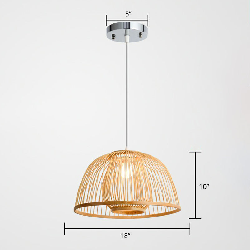 Wood Domed Ceiling Hang Light Modern 1 Head Bamboo Suspension Lamp with Cage Inner Wood 18