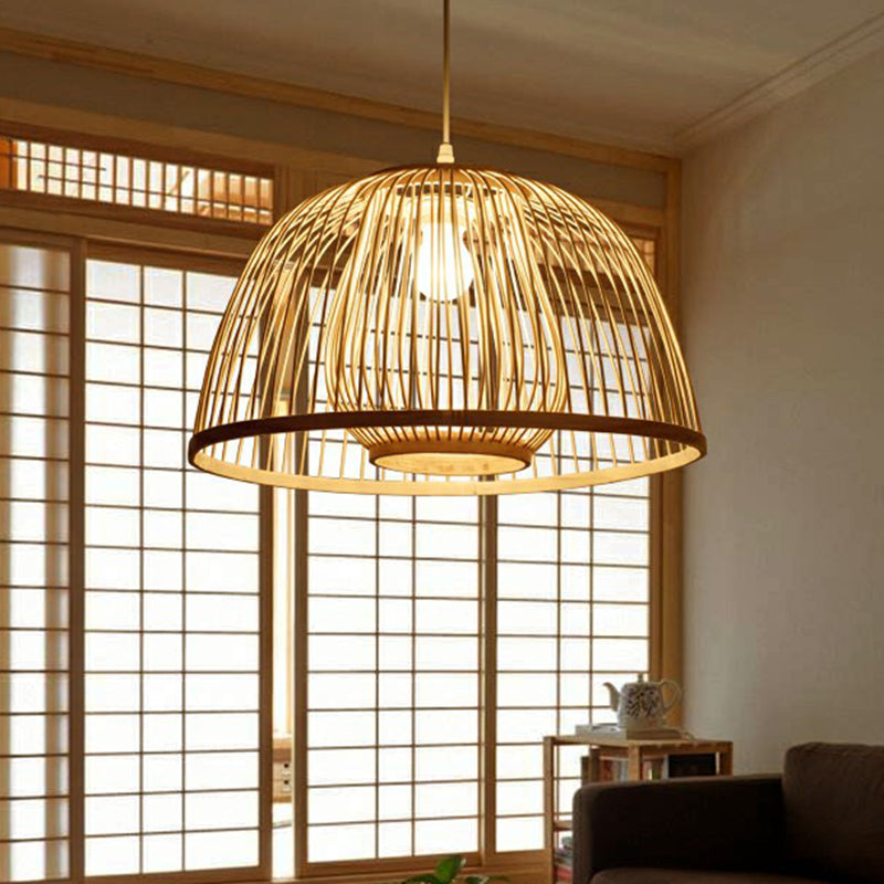 Wood Domed Ceiling Hang Light Modern 1 Head Bamboo Suspension Lamp with Cage Inner Clearhalo 'Ceiling Lights' 'Modern Pendants' 'Modern' 'Pendant Lights' 'Pendants' Lighting' 2310611