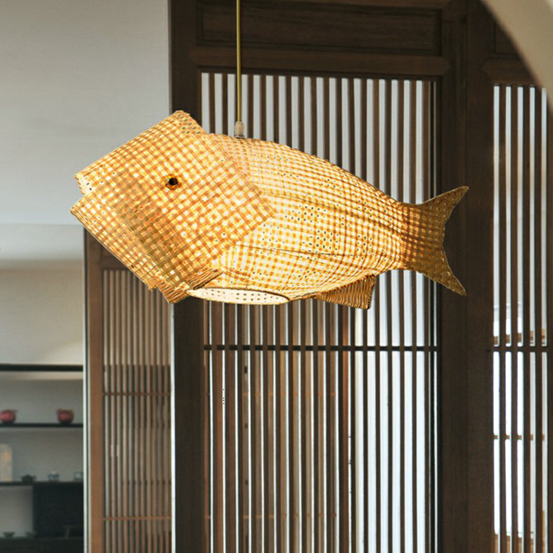 Fish-Shape Restaurant Pendant Light Bamboo Single-Bulb Asian Hanging Light in Wood Clearhalo 'Ceiling Lights' 'Pendant Lights' 'Pendants' Lighting' 2310616