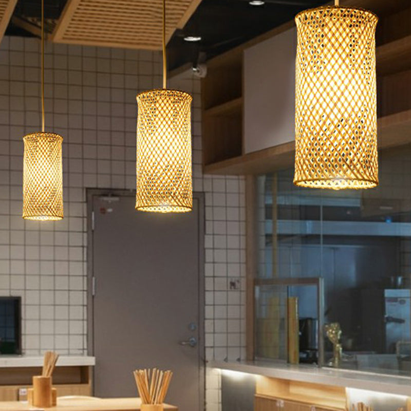 Criss-Crossed Woven Bamboo Pendant Light Minimalist 1-Light Restaurant Hanging Light in Wood Clearhalo 'Ceiling Lights' 'Pendant Lights' 'Pendants' Lighting' 2310625