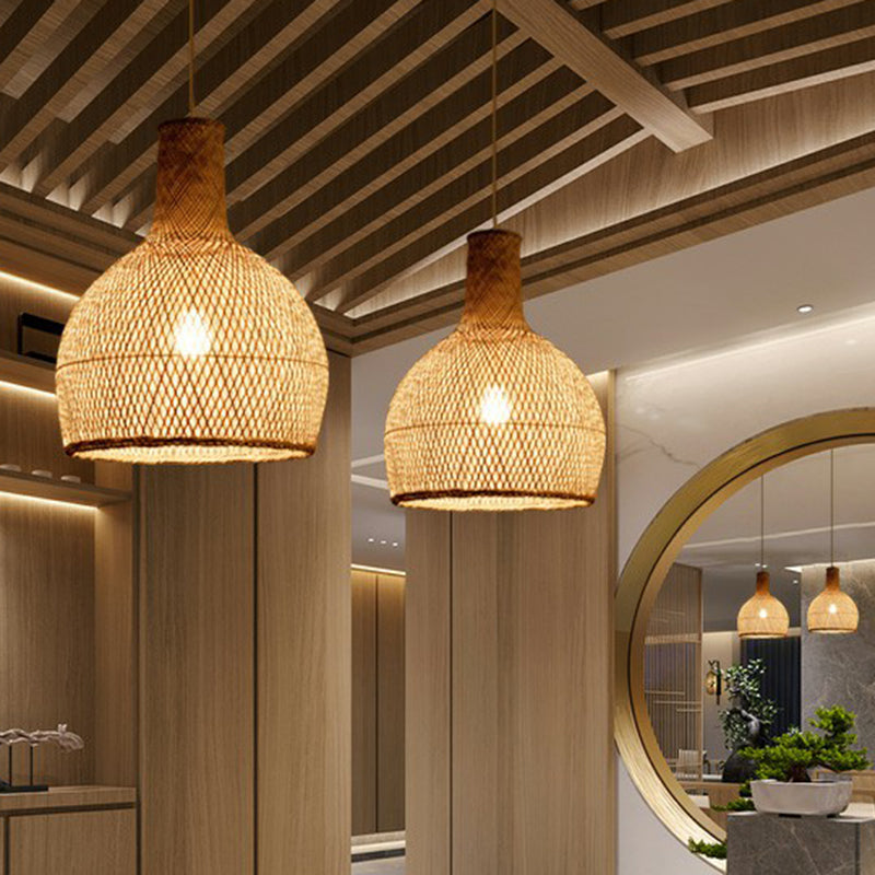 Criss-Crossed Woven Bamboo Pendant Light Minimalist 1-Light Restaurant Hanging Light in Wood Clearhalo 'Ceiling Lights' 'Pendant Lights' 'Pendants' Lighting' 2310630