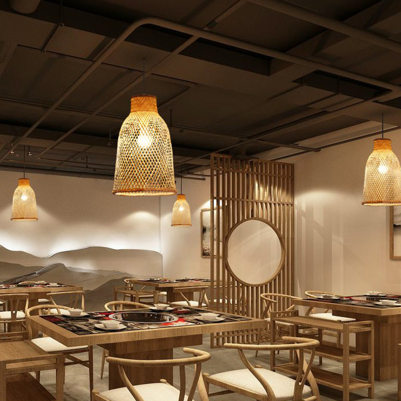 Criss-Crossed Woven Bamboo Pendant Light Minimalist 1-Light Restaurant Hanging Light in Wood Clearhalo 'Ceiling Lights' 'Pendant Lights' 'Pendants' Lighting' 2310632