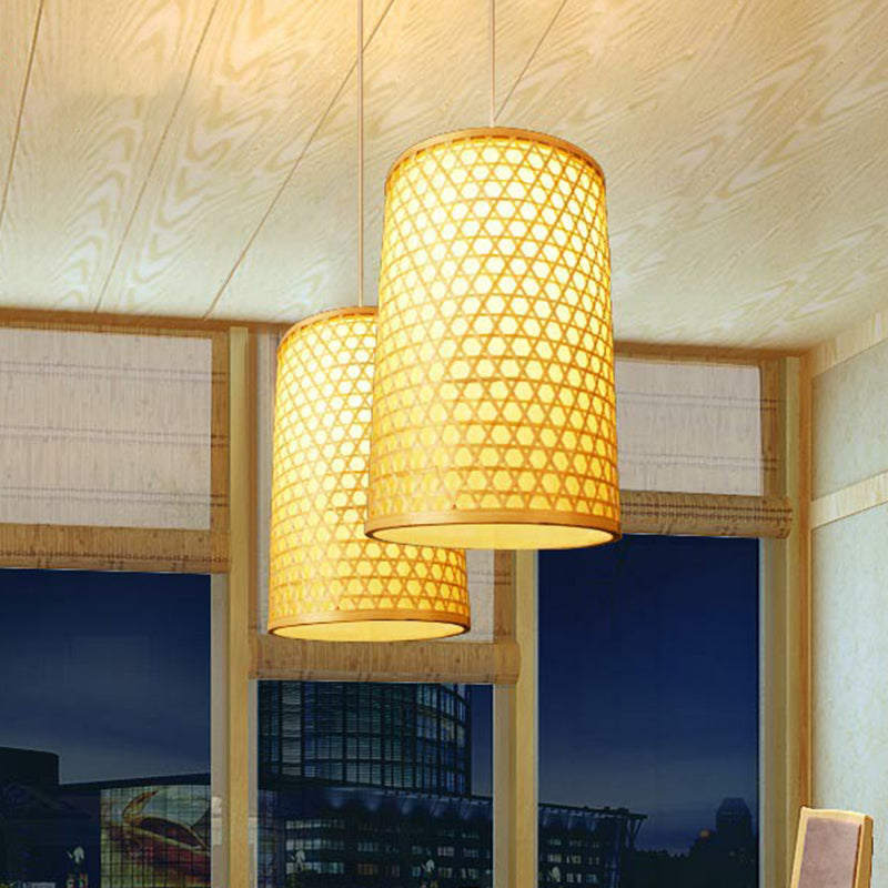 1 Bulb Restaurant Pendant Ceiling Light Simplicity Beige Pendulum Light with Cylinder Bamboo Shade Clearhalo 'Ceiling Lights' 'Pendant Lights' 'Pendants' Lighting' 2310651