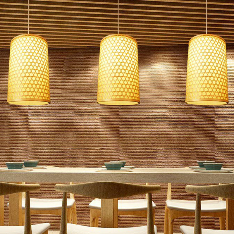 1 Bulb Restaurant Pendant Ceiling Light Simplicity Beige Pendulum Light with Cylinder Bamboo Shade Clearhalo 'Ceiling Lights' 'Pendant Lights' 'Pendants' Lighting' 2310654