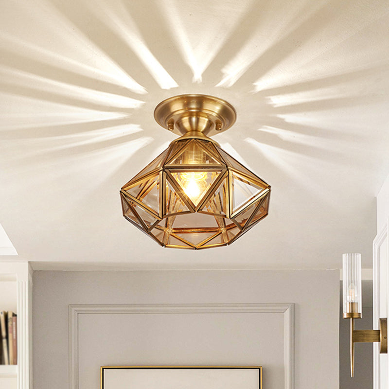 Brass Diamond Shaped Flush Light Vintage Amber Glass 1 Head Foyer Semi Flush Ceiling Light Brass Clearhalo 'Ceiling Lights' 'Close To Ceiling Lights' 'Close to ceiling' 'Semi-flushmount' Lighting' 2310704