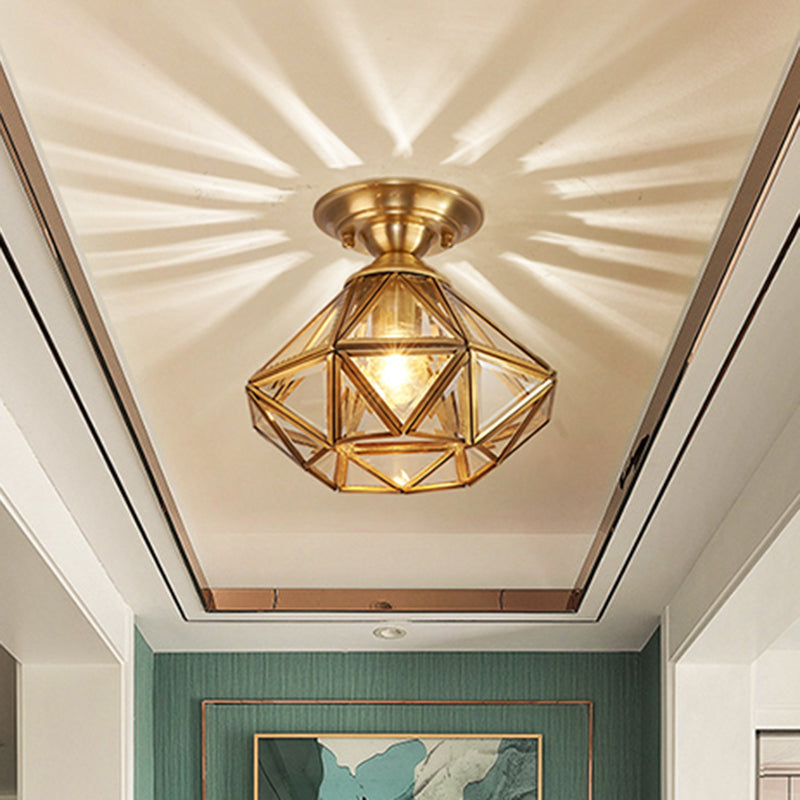 Brass Diamond Shaped Flush Light Vintage Amber Glass 1 Head Foyer Semi Flush Ceiling Light Clearhalo 'Ceiling Lights' 'Close To Ceiling Lights' 'Close to ceiling' 'Semi-flushmount' Lighting' 2310706