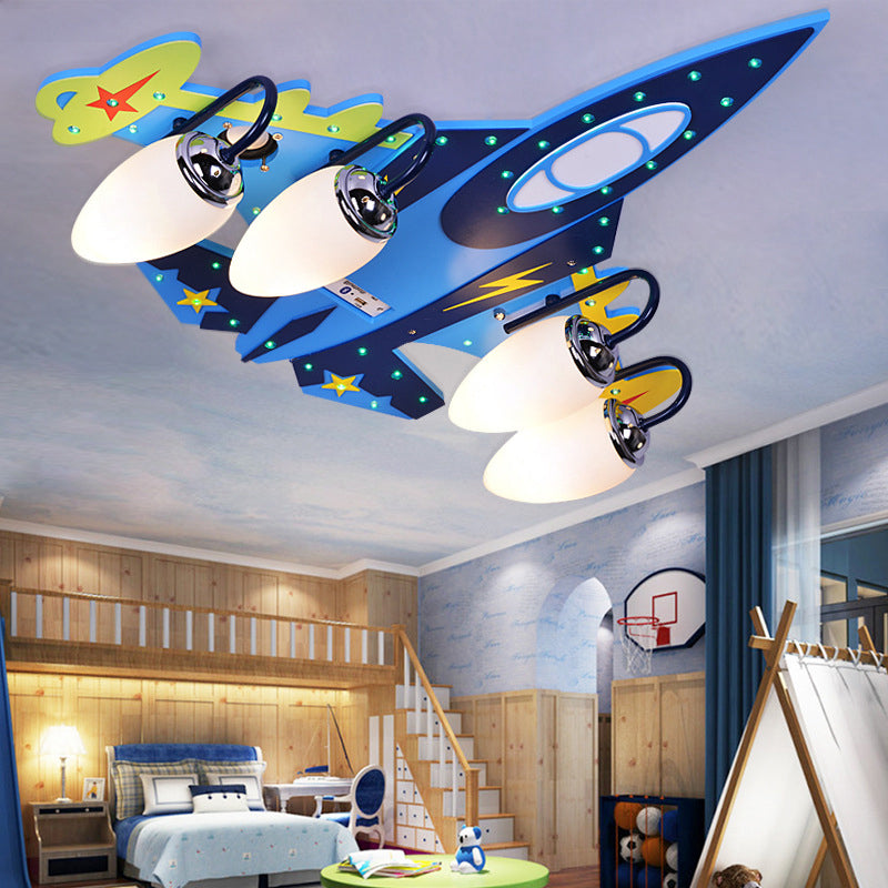 Blue Fighter Plane Flushmount Cartoon 4-Bulb Wooden Flush Mount Ceiling Light with Cream Glass Shade Clearhalo 'Ceiling Lights' 'Close To Ceiling Lights' 'Close to ceiling' 'Flush mount' Lighting' 2310933