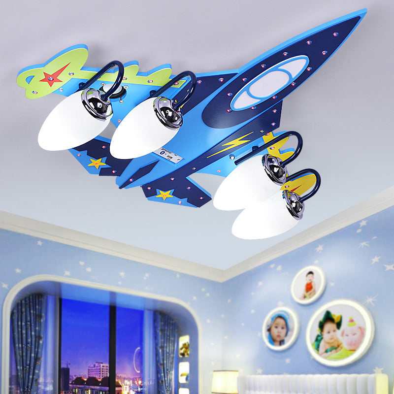 Blue Fighter Plane Flushmount Cartoon 4-Bulb Wooden Flush Mount Ceiling Light with Cream Glass Shade Clearhalo 'Ceiling Lights' 'Close To Ceiling Lights' 'Close to ceiling' 'Flush mount' Lighting' 2310935