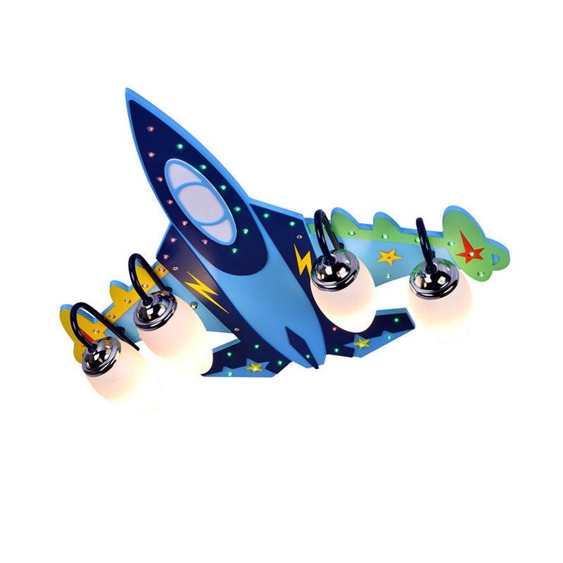 Blue Fighter Plane Flushmount Cartoon 4-Bulb Wooden Flush Mount Ceiling Light with Cream Glass Shade Clearhalo 'Ceiling Lights' 'Close To Ceiling Lights' 'Close to ceiling' 'Flush mount' Lighting' 2310936