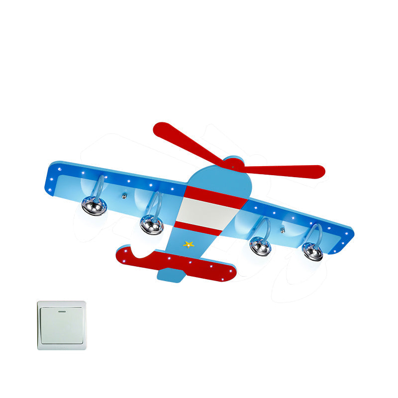 Cartoon Pro Plane Flush Mounted Light Wooden 4 Lights Child Bedroom Flush Mount Ceiling Fixture in Blue Blue 29.5