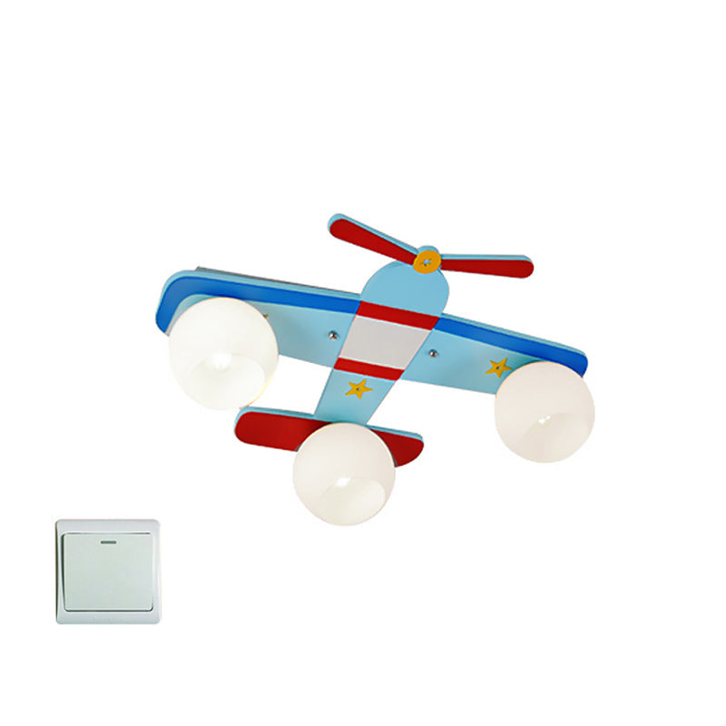 Cartoon Pro Plane Flush Mounted Light Wooden 4 Lights Child Bedroom Flush Mount Ceiling Fixture in Blue Blue 23.5