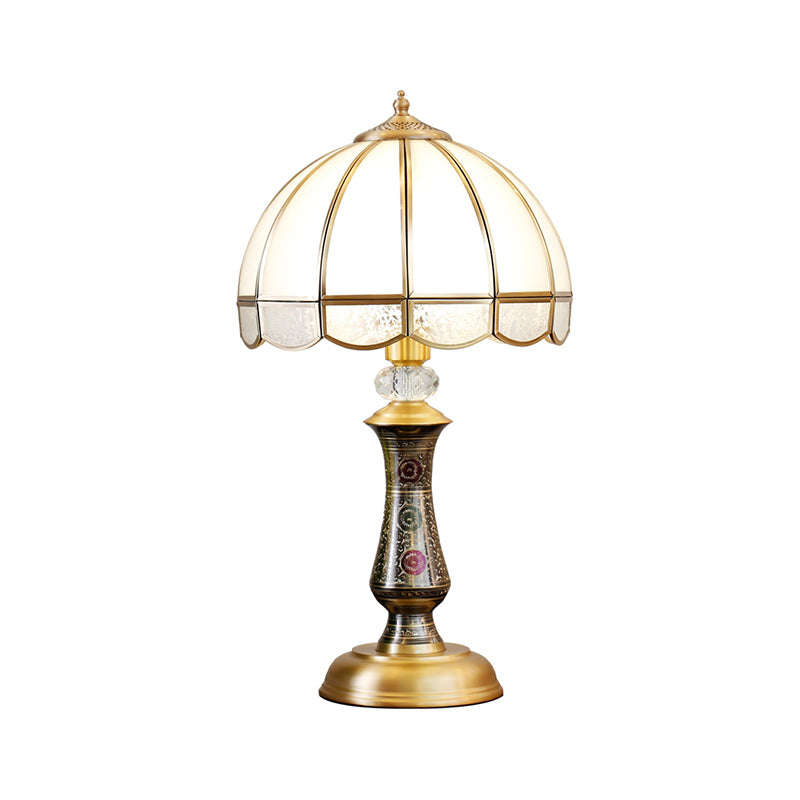 Single Dome Night Table Lamp Traditional Brass Opal Glass Nightstand Light with Scalloped Trim Clearhalo 'Lamps' 'Table Lamps' Lighting' 2310998