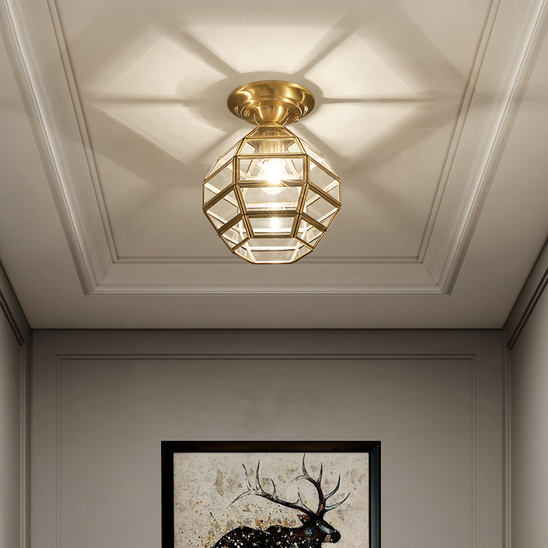 1 Head Clear Glass Pane Flush Light Vintage Gold Six-Sided Globe Aisle Semi Flush Mount Ceiling Fixture Clearhalo 'Ceiling Lights' 'Close To Ceiling Lights' 'Close to ceiling' 'Semi-flushmount' Lighting' 2311002