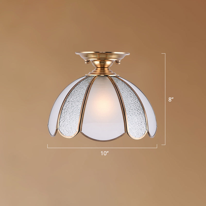 Hemispherical Foyer Ceiling Fixture Traditional Seedy Glass 1-Light Semi Flush Light with Scalloped Edge Bronze 10