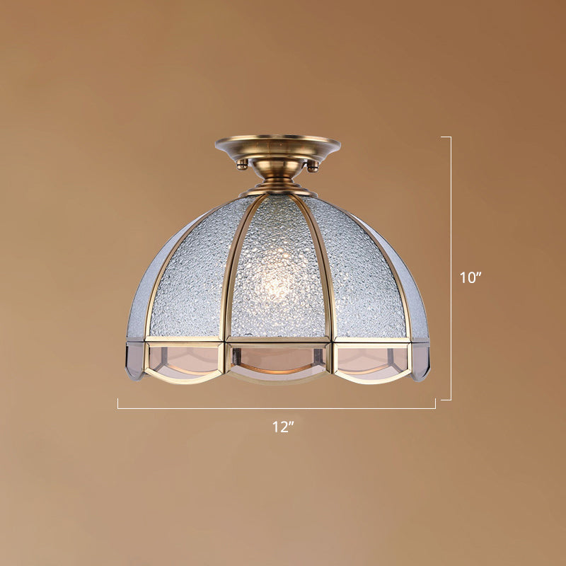 Hemispherical Foyer Ceiling Fixture Traditional Seedy Glass 1-Light Semi Flush Light with Scalloped Edge Bronze 12