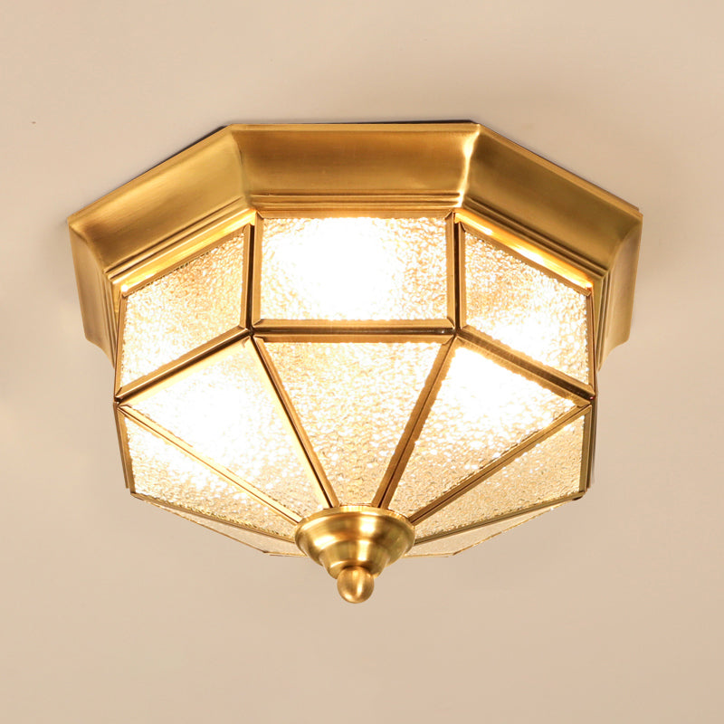 3 Lights Flush Mounted Fixture Traditional Foyer Ceiling Light with Octagon Glass Shade in Gold Gold Frosted Glass Clearhalo 'Ceiling Lights' 'Close To Ceiling Lights' 'Close to ceiling' 'Flush mount' Lighting' 2311016