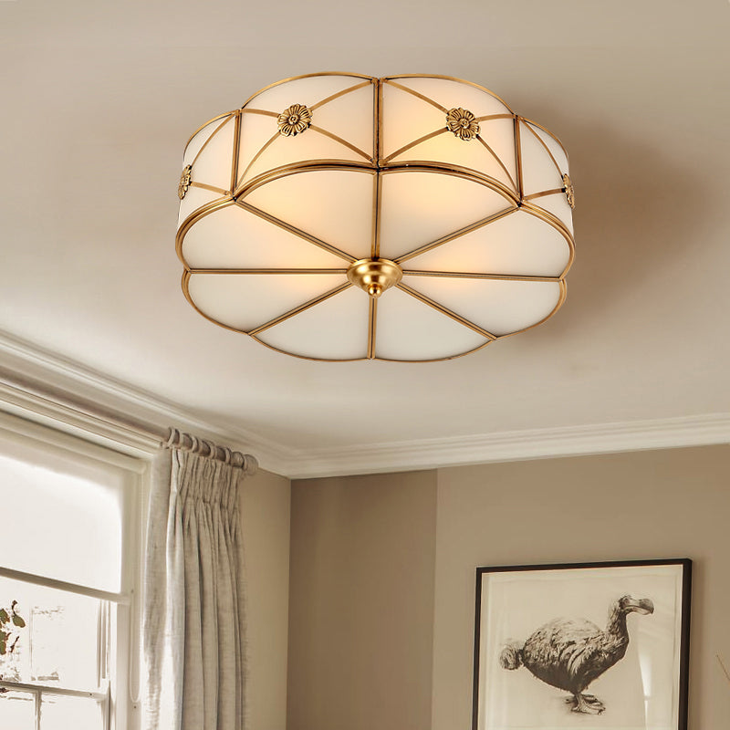 Flower Living Room Flush-Mount Light Antique White Glass Brass Ceiling Lighting with X-Brace Clearhalo 'Ceiling Lights' 'Close To Ceiling Lights' 'Close to ceiling' 'Flush mount' Lighting' 2311026