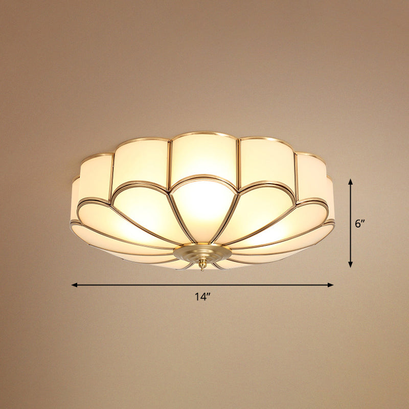 White Glass Ceiling Flush Light Traditional Gold Chrysanthemum Bedroom Flush Mount Fixture 3 Gold Clearhalo 'Ceiling Lights' 'Close To Ceiling Lights' 'Close to ceiling' 'Flush mount' Lighting' 2311049