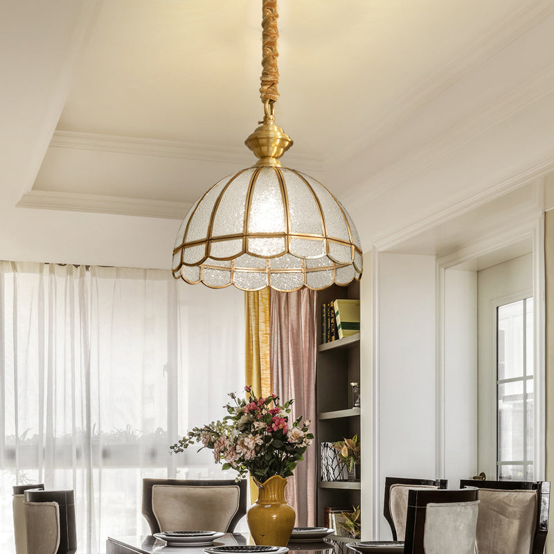 Antiqued Gold Hanging Light Traditional Water Glass Dome Pendant Lighting with Scalloped Edge Clearhalo 'Ceiling Lights' 'Pendant Lights' 'Pendants' Lighting' 2311072