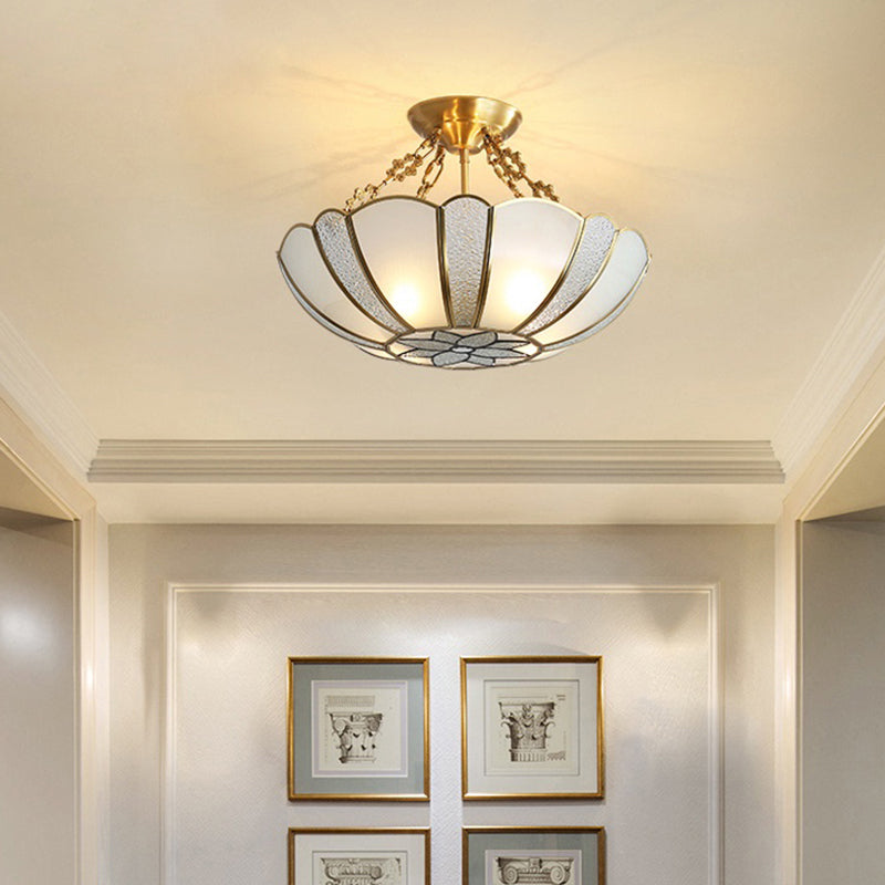 Brass Basket Shaped Chandelier Colonial Style Textured White Glass 4-Light Dining Room Pendant Light Clearhalo 'Ceiling Lights' 'Chandeliers' Lighting' options 2311094