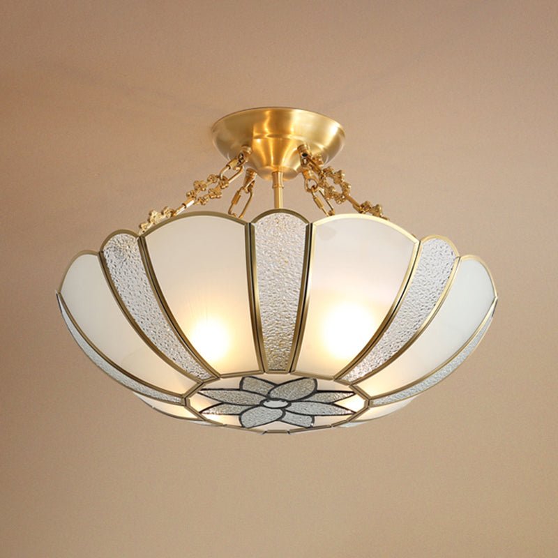 Brass Basket Shaped Chandelier Colonial Style Textured White Glass 4-Light Dining Room Pendant Light Clearhalo 'Ceiling Lights' 'Chandeliers' Lighting' options 2311096