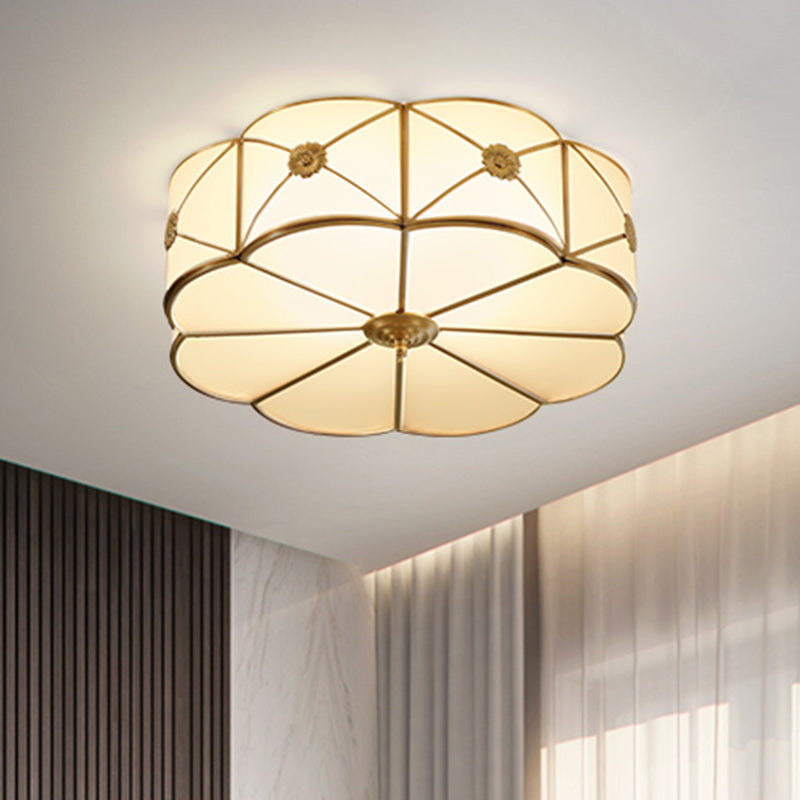 White Glass Scalloped Ceiling Lamp Traditional Style Bedroom Flush Mount Lighting in Brass Clearhalo 'Ceiling Lights' 'Close To Ceiling Lights' 'Close to ceiling' 'Flush mount' Lighting' 2311266