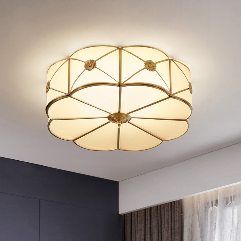 White Glass Scalloped Ceiling Lamp Traditional Style Bedroom Flush Mount Lighting in Brass Clearhalo 'Ceiling Lights' 'Close To Ceiling Lights' 'Close to ceiling' 'Flush mount' Lighting' 2311269