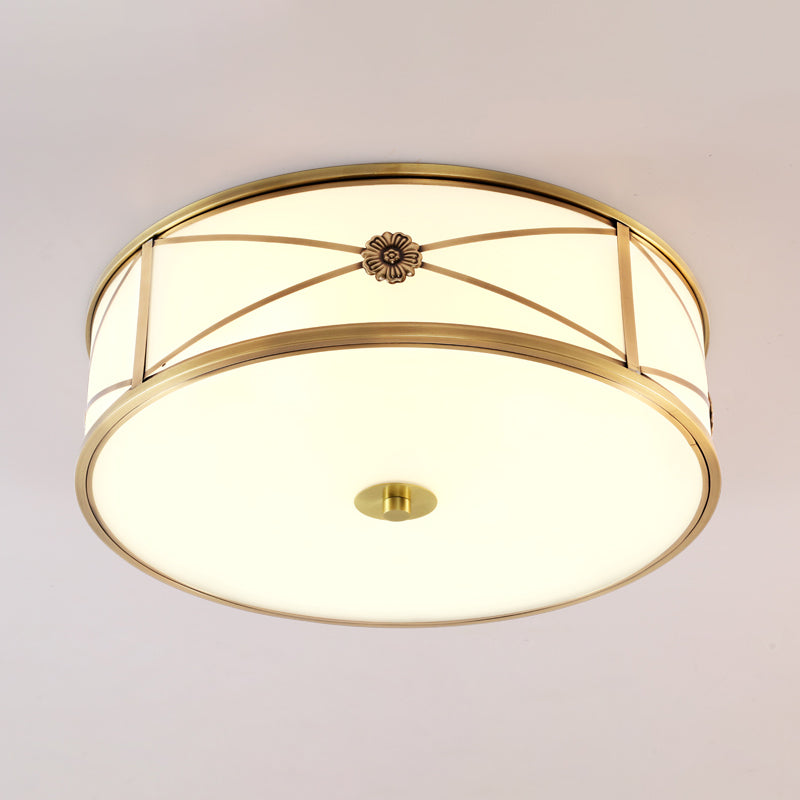 Drum Shaped Flush Mount Light Minimalist Brass White Glass Ceiling Lamp for Bedroom White 18