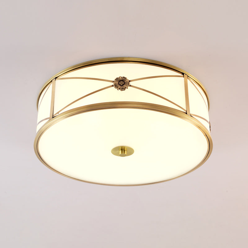 Drum Shaped Flush Mount Light Minimalist Brass White Glass Ceiling Lamp for Bedroom White 14