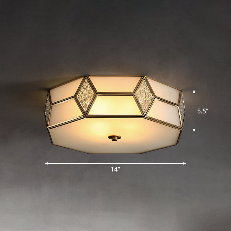 Octagon Bedroom Flush Light Fixture Minimalistic Textured White Glass Brass Ceiling Mount Light White 14