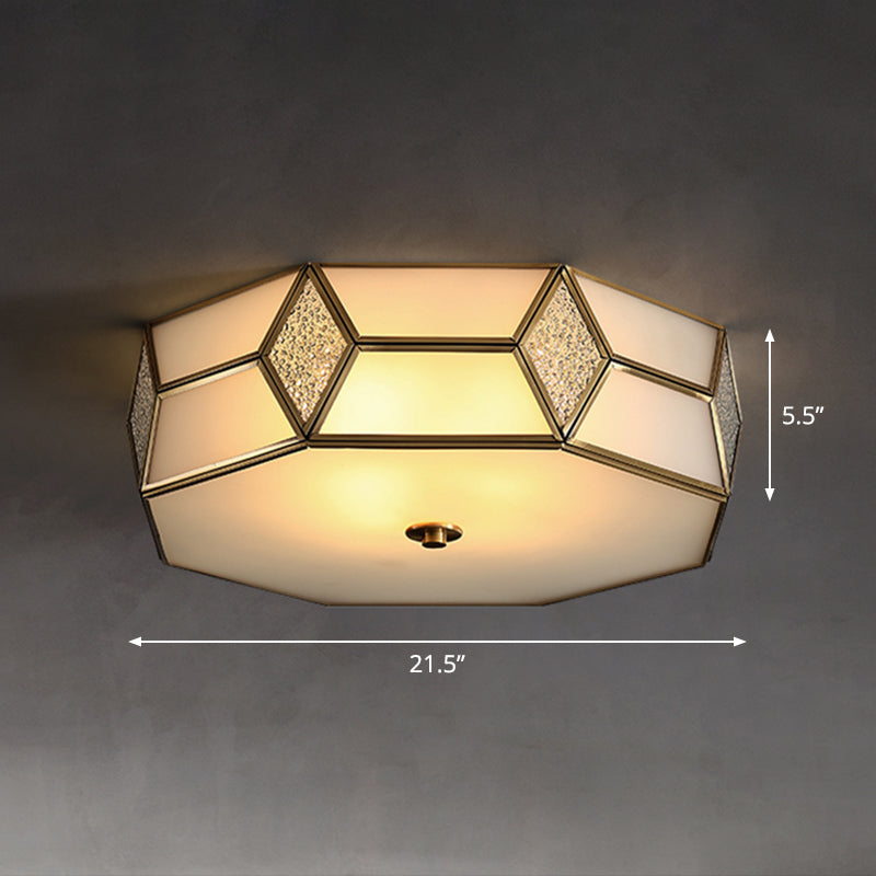 Octagon Bedroom Flush Light Fixture Minimalistic Textured White Glass Brass Ceiling Mount Light White 21.5