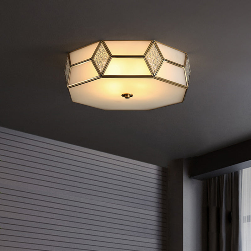 Octagon Bedroom Flush Light Fixture Minimalistic Textured White Glass Brass Ceiling Mount Light Clearhalo 'Ceiling Lights' 'Close To Ceiling Lights' 'Close to ceiling' 'Flush mount' Lighting' 2311293