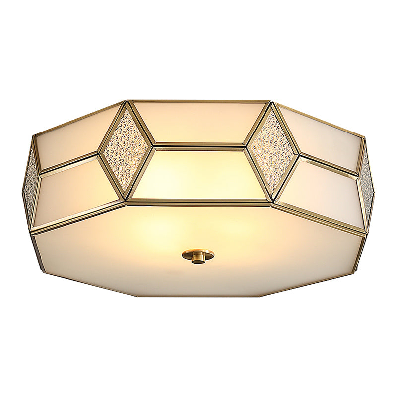 Octagon Bedroom Flush Light Fixture Minimalistic Textured White Glass Brass Ceiling Mount Light Clearhalo 'Ceiling Lights' 'Close To Ceiling Lights' 'Close to ceiling' 'Flush mount' Lighting' 2311295