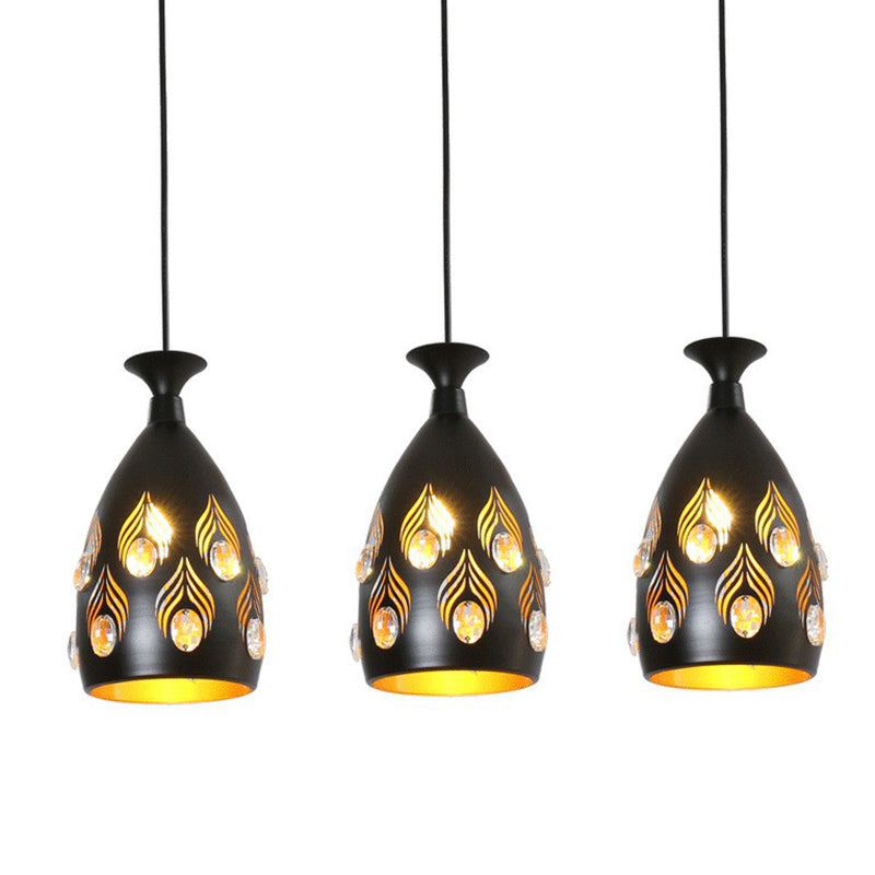 Cup Shaped Metal Cluster Pendant Light Artistic 3 Heads Black Hollowed-out Ceiling Lamp with Inserted Crystals Clearhalo 'Ceiling Lights' 'Pendant Lights' 'Pendants' Lighting' 2311446