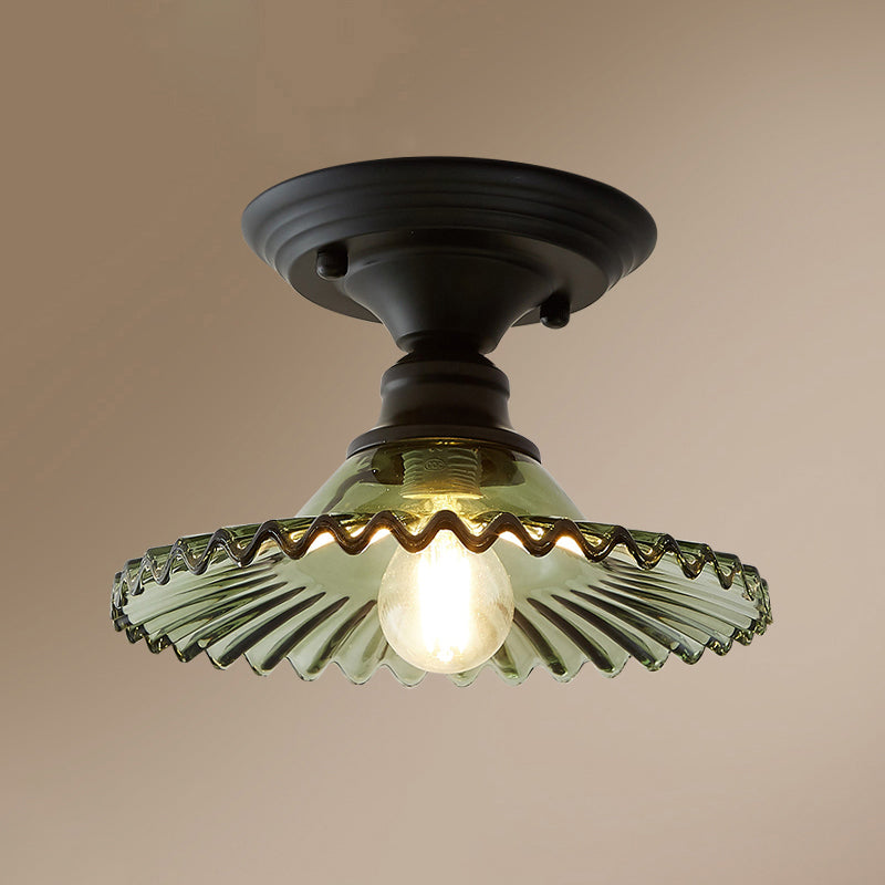 Glass Radial Mini Ceiling Lighting Vintage 1-Light Balcony Semi Flush Mount Light Green Clearhalo 'Ceiling Lights' 'Close To Ceiling Lights' 'Close to ceiling' 'Glass shade' 'Glass' 'Pendant Lights' 'Semi-flushmount' Lighting' 2311600