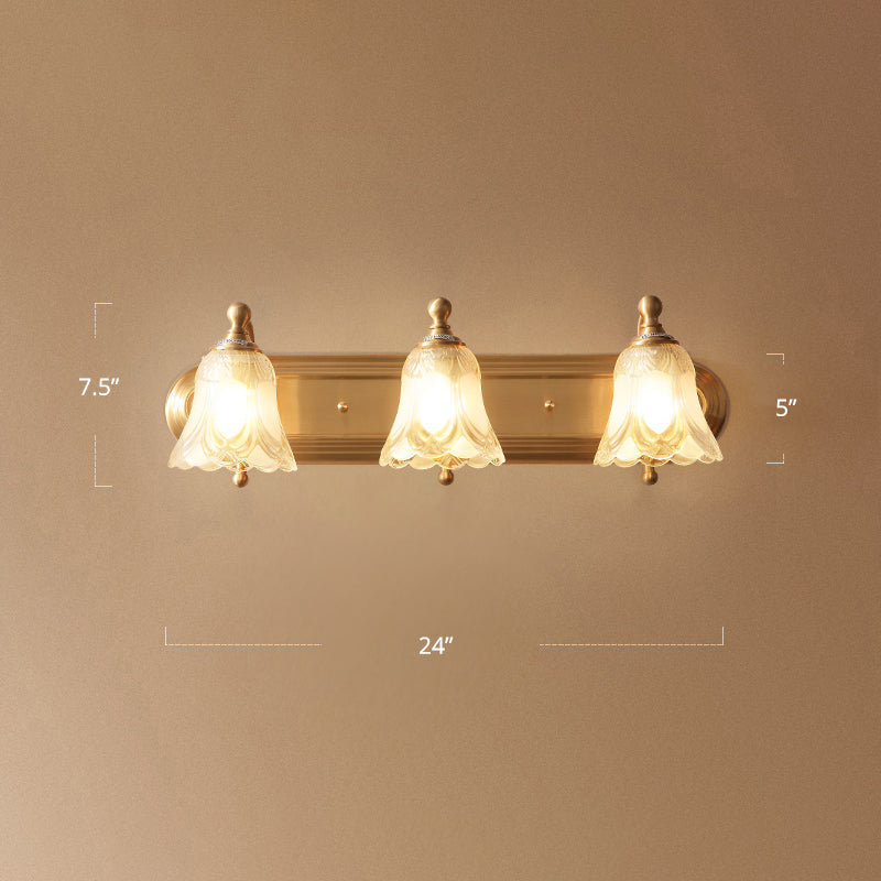 Gold Finish Floral Vanity Lighting Antique Semi-Opaque Glass Bathroom Wall Light Fixture 3.0 Gold Clearhalo 'Vanity Lights' 'Wall Lights' Lighting' 2311640