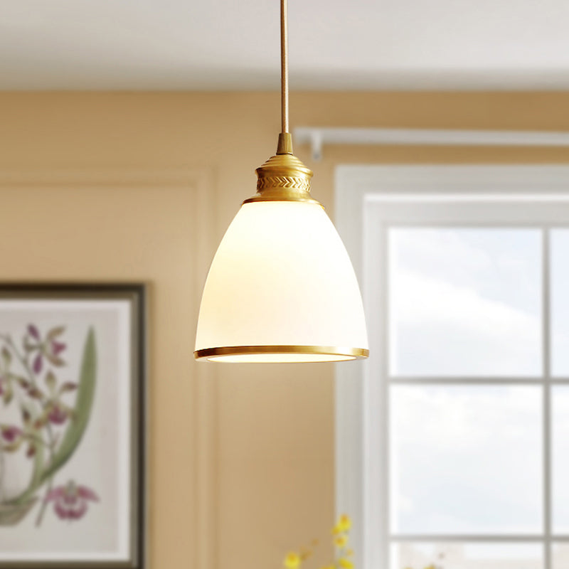 Bell Shade Dining Room Hanging Light Simple Style Opal Glass 1-Light Brass Pendant Lamp Clearhalo 'Ceiling Lights' 'Pendant Lights' 'Pendants' Lighting' 2311643