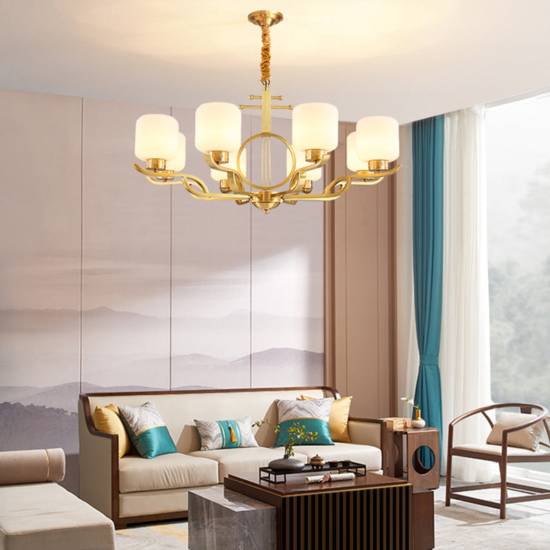 Chandelier Light Traditional Living Room Pendant Light with Cylinder Milk Glass Shade in Brass Clearhalo 'Ceiling Lights' 'Chandeliers' Lighting' options 2311671