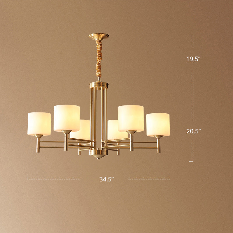 Brass Cylindrical Pendant Lighting Traditional White Glass Living Room Chandelier Lamp 6 Brass Clearhalo 'Ceiling Lights' 'Chandeliers' Lighting' options 2311678_c8b1e9b0-6e2b-4f17-aefe-19de8ed44fb2